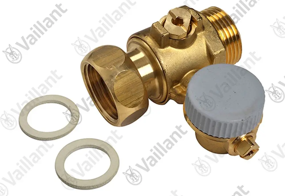 Vaillant Wartungshahn mit goldenem Metallgehäuse, zwei Dichtungen und grauem Verschlussdeckel, zur Installation in Heizsystemen.